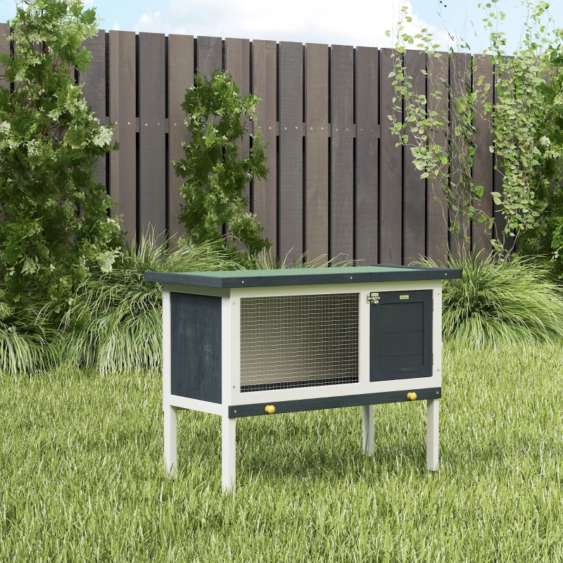 PawHut Wooden Outdoor Rabbit Hutch for Small Pet w/ Slide-out Tray, Openable Roof, 35" W x 18" D x 26" H, Dark Grey