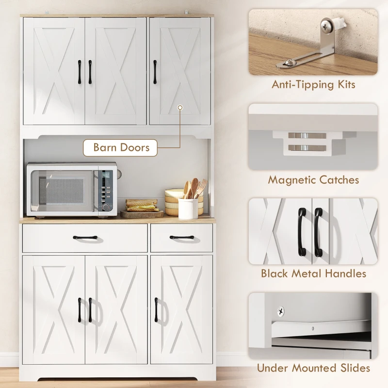 HOMCOM Tall Kitchen Pantry, 6 Doors, 2 Drawers, Adjustable Shelves & Worktop, Rustic Storage Cabinet for Living Room White