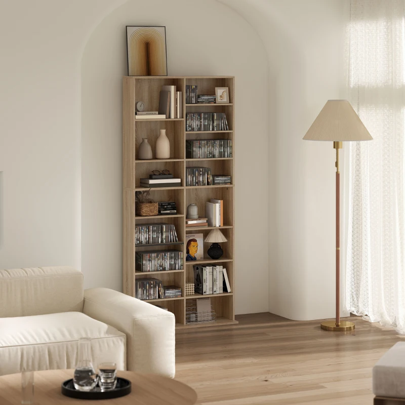 HOMCOM 9-Tier DVD Shelf with 18 Compartments and 14 Adjustable Shelves, Holds 640 CDs, 360 DVDs or 430 Blu-rays, Natural Wood