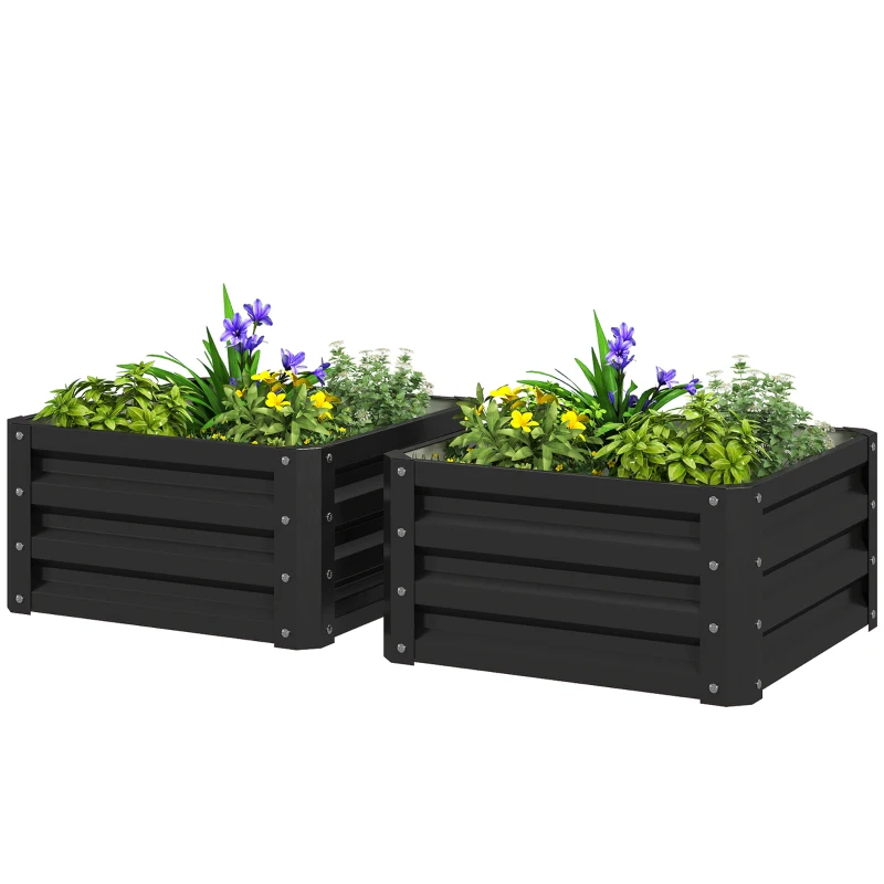 Outsunny 2' x 2' x 1' 2-Pieces Raised Garden Bed w/ Galvanised Steel Frame for Vegetables Flowers Herbs, Black
