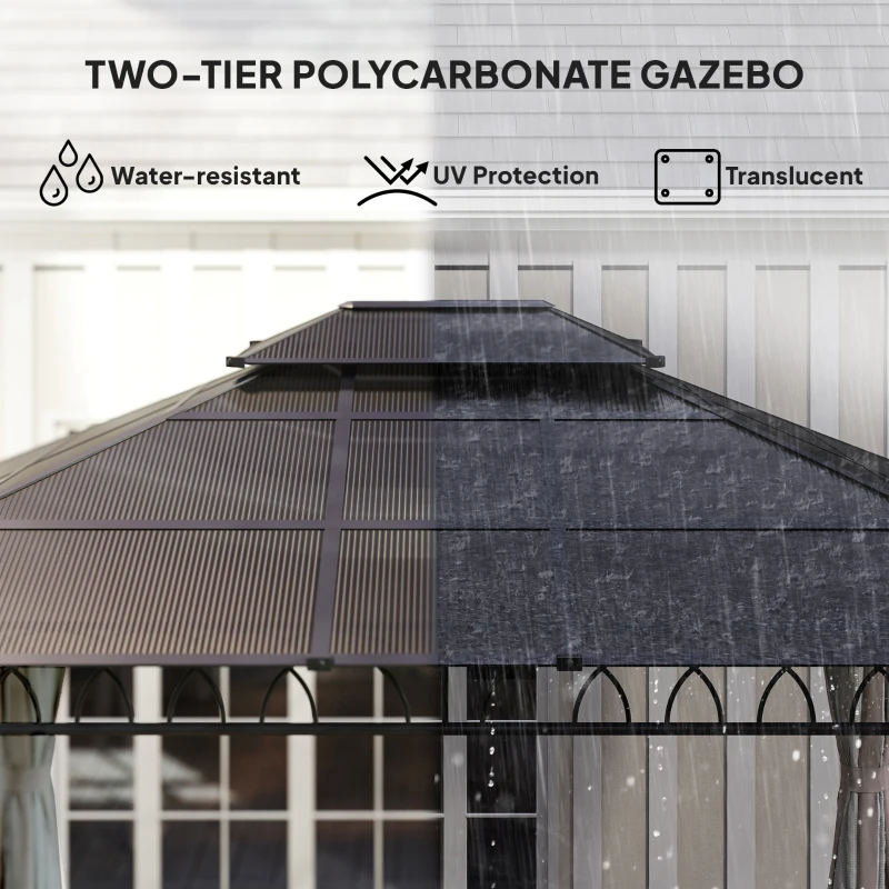 Outsunny 10' x 12' Outdoor Gazebo Canopy, Double Roof Hardtop Gazebo with Polycarbonate Roof, Steel Frame, Nettings and Curtains