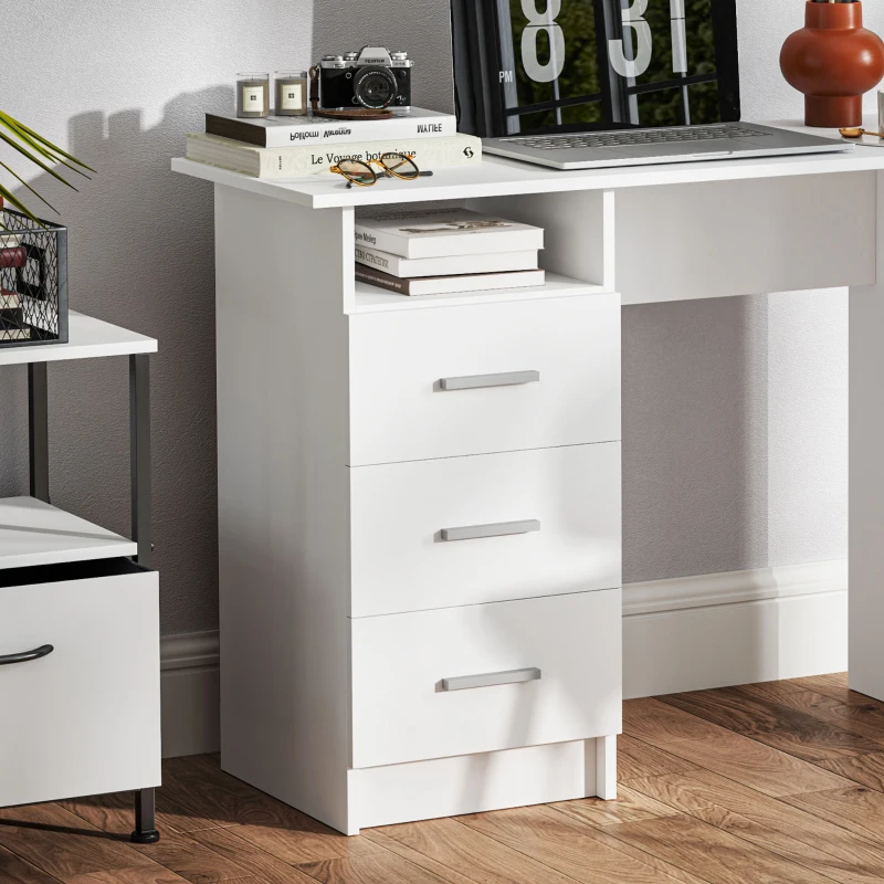 HOMCOM Computer Desk with Storage, 39" Home Office Desk with 3 Drawers nad Open Shelf, Writing Table for Bedroom, White
