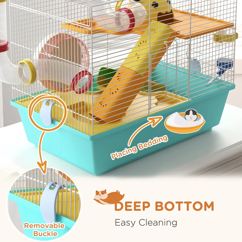 PawHut 3 Tiers Hamster Cage for Gerbil, Dwarf Hamster with Tunnels, Water Bottle, Exercise Wheel, 18" x 11" x 15" - Light Blue