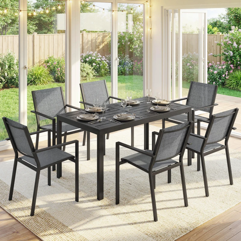 Outsunny Outdoor Dining Set for 6, Faux Wood Metal Patio Table and Mesh Stackable Chairs with Umbrella Hole, Black