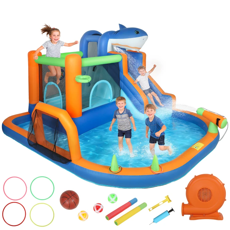 Qaba Inflatable Bounce House for Kids, Sharks Theme Jumping Bouncy Castle with Slide and Pool for Indoor Outdoor, Blue