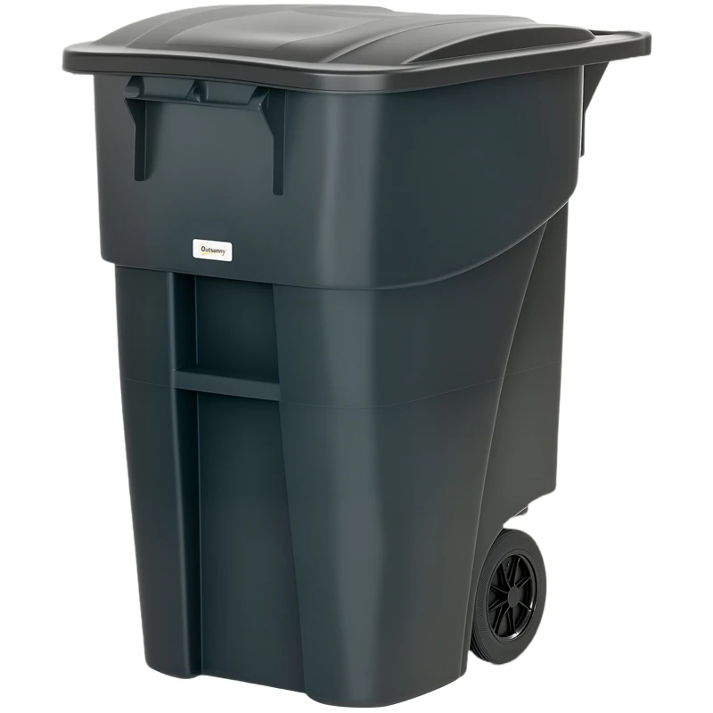 Outsunny Outdoor Garbage Bin with Lid and Wheels, 53 Gallon Large Trash Can Garbage Can with Handle for Patio, Yard, Dark Grey