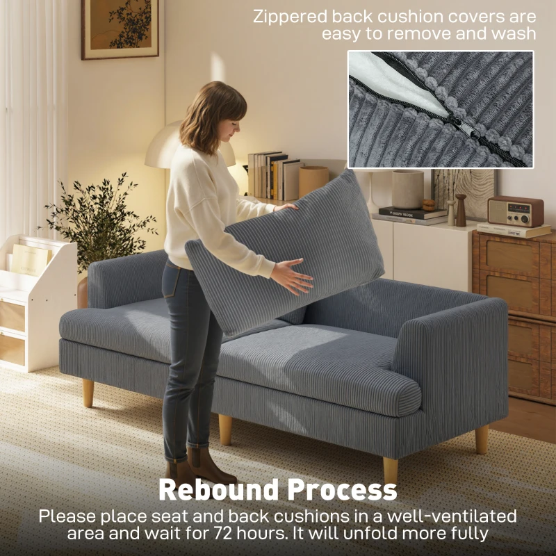 HOMCOM 3 Seater Sofa, 74" Modern Corduroy Upholstered Couch with Thick Spring Cushions, Solid Wood Legs, Armrests, Dark Grey