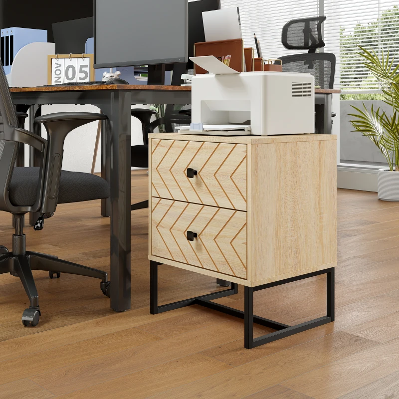 HOMCOM Modern Nightsta, Bedside Table with Drawers, Side End Table with Metal Legs for Bedroom, Zig Zag Design, Natural