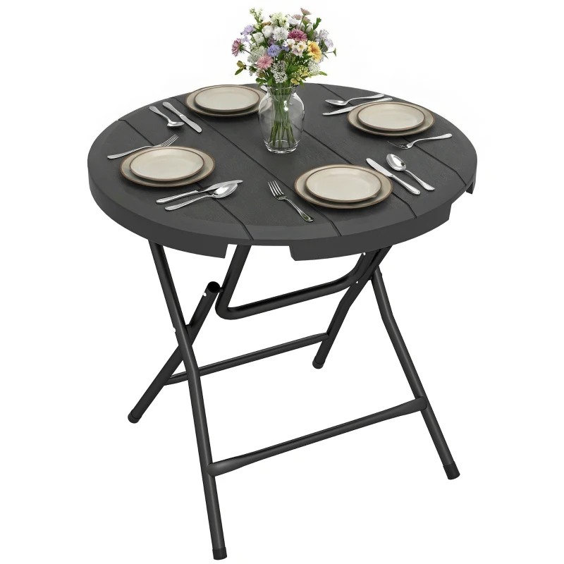 Outsunny Foldable Round Patio Table for 4, Outdoor Dining Table with HDPE Tabletop and Steel Frame, Dark Grey