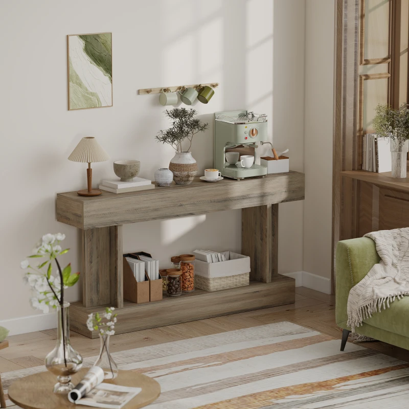 HOMCOM 63 Inch Long Console Table, Vintage Narrow Entryway Table with Storage Shelf for Living Room and Hallway, Light Brown