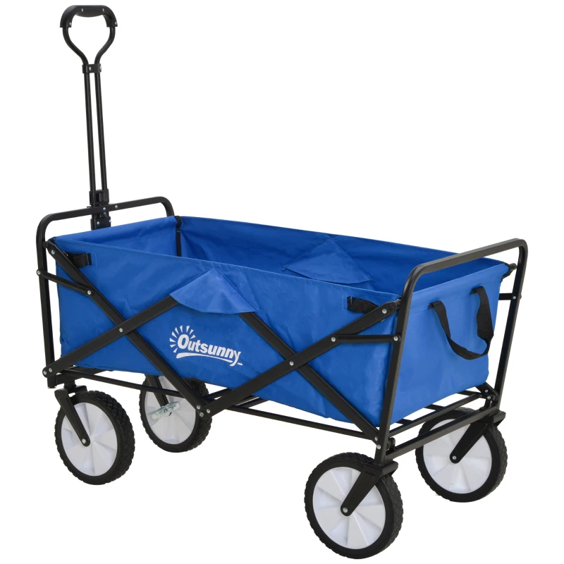 Outsunny Small Collapsible Folding Wagon Cart, Heavy Duty Outdoor Utility Garden Cart with Universal Wheels and Adjustable Handle for Camping Sports Shopping Beach, Dark Blue