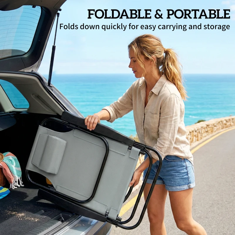 Outsunny Set of 2 Beach Chair 5-Position Adjustable Folding Camping Chair with Headrest Armrests Light Grey