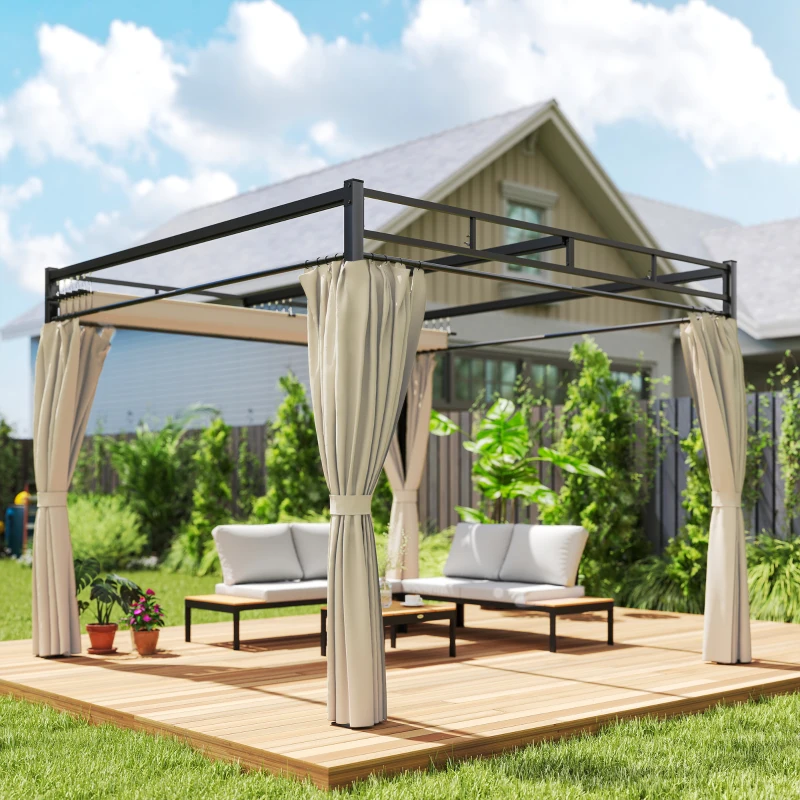 Outsunny 10' x 10' Outdoor Gazebo, Retractable Pergola Canopy with Curtains, UPF30+ Free Standing Metal Pergola Kit, Beige