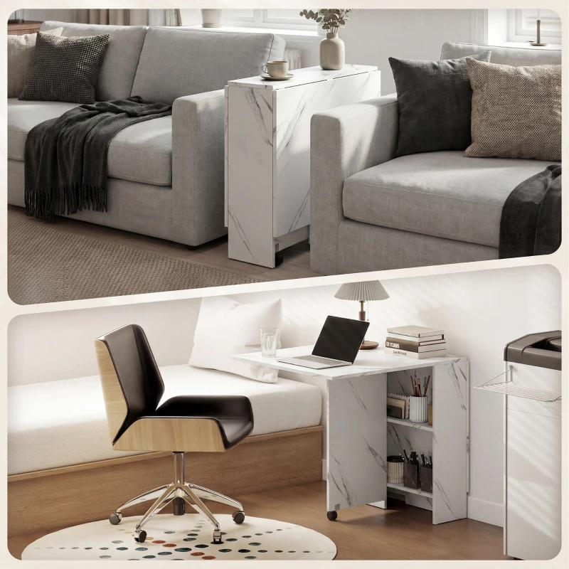 HOMCOM Extendable Dining Table, Collapsible Folding Table with 2-tier Shelves and Rolling Casters, Marble White