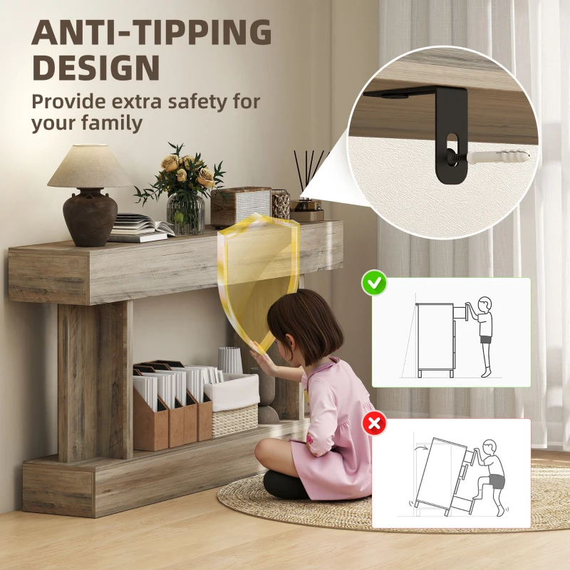 HOMCOM 63 Inch Long Console Table, Vintage Narrow Entryway Table with Storage Shelf for Living Room and Hallway, Light Brown