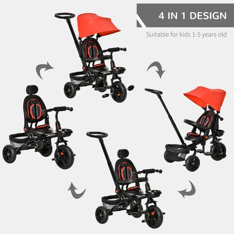 Qaba Tricycle for Toddler 4 in 1 Kids Trike with Reversible Adjustable Seat, Baby Push Bike with Removable Handle, Curved Canopy, Belt Storage Brake Clutch for 1-5 Years, Red