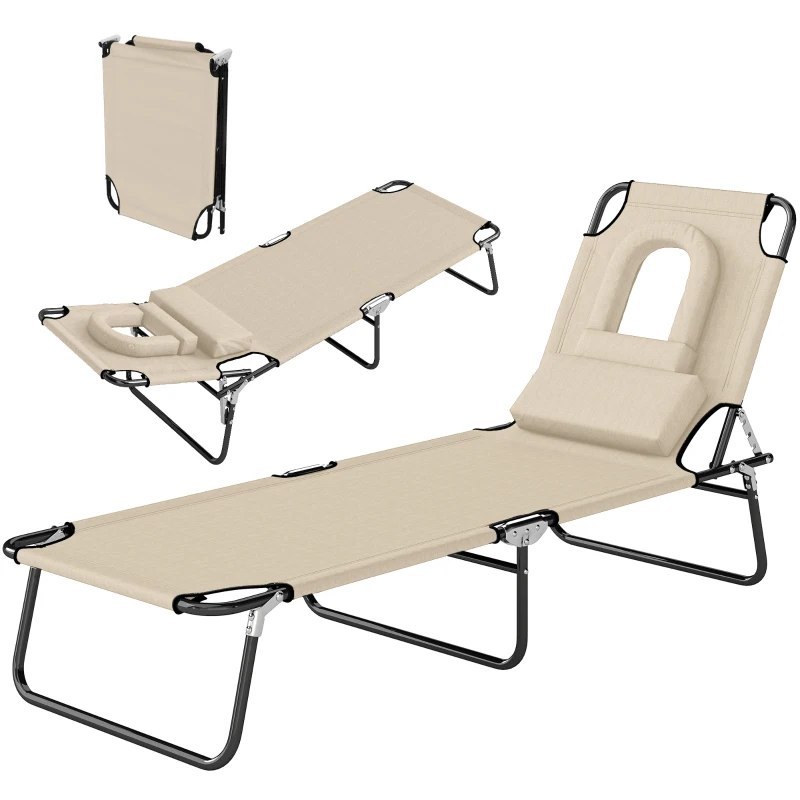 Outsunny Outdoor Lounge Chair, Garden Folding Chaise Lounge w/ Adjustable Backrest, Face Hole and Support Pillow, Beige
