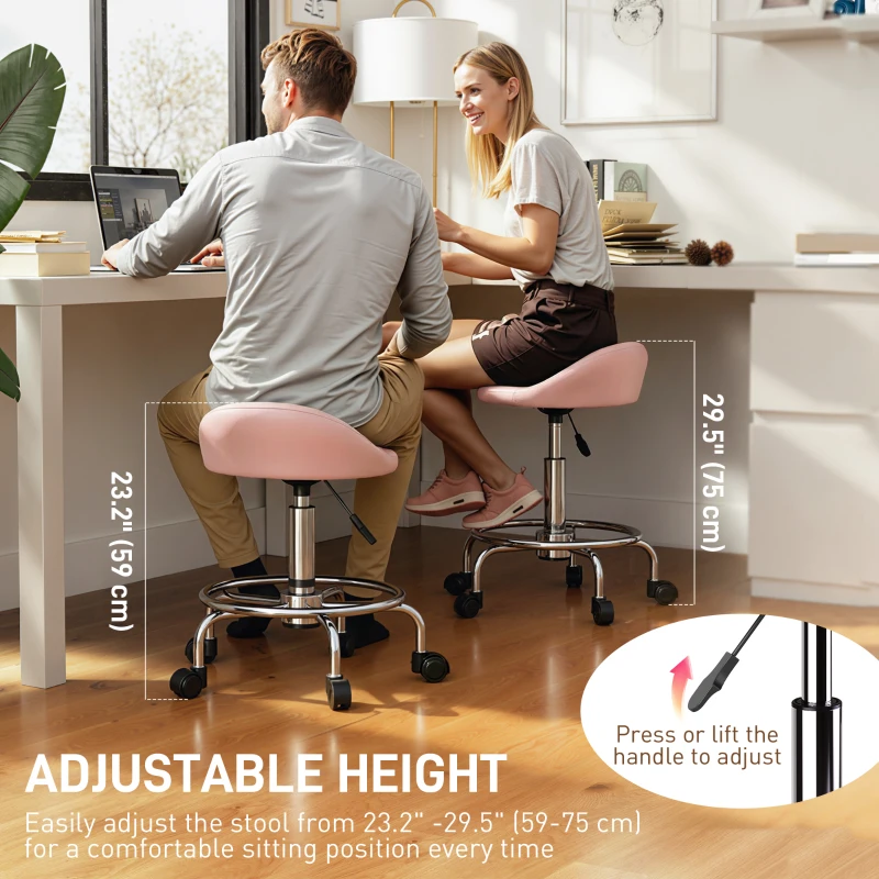 HOMCOM PU Leather Rolling Stool, Height Adjustable Swivel Salon Chair with Backrest and Foot Rest for Spa, Tattoo, Pink