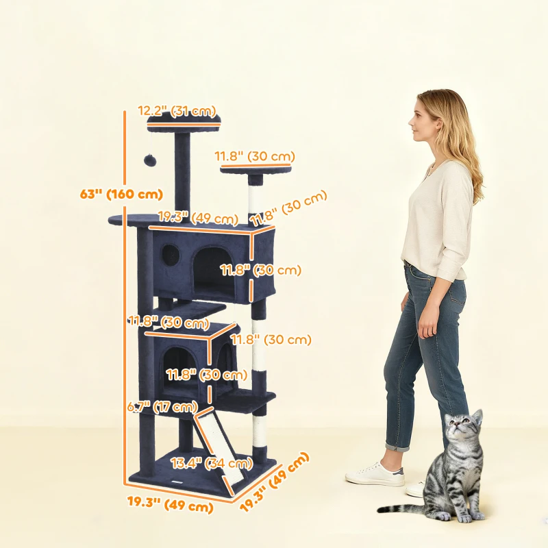 PawHut 63" Cat Tree, Multi-Level Cat Tower with Scratching Posts, Cat Condos, Bed, Platforms, Ramp, Toy Ball, Dark Blue