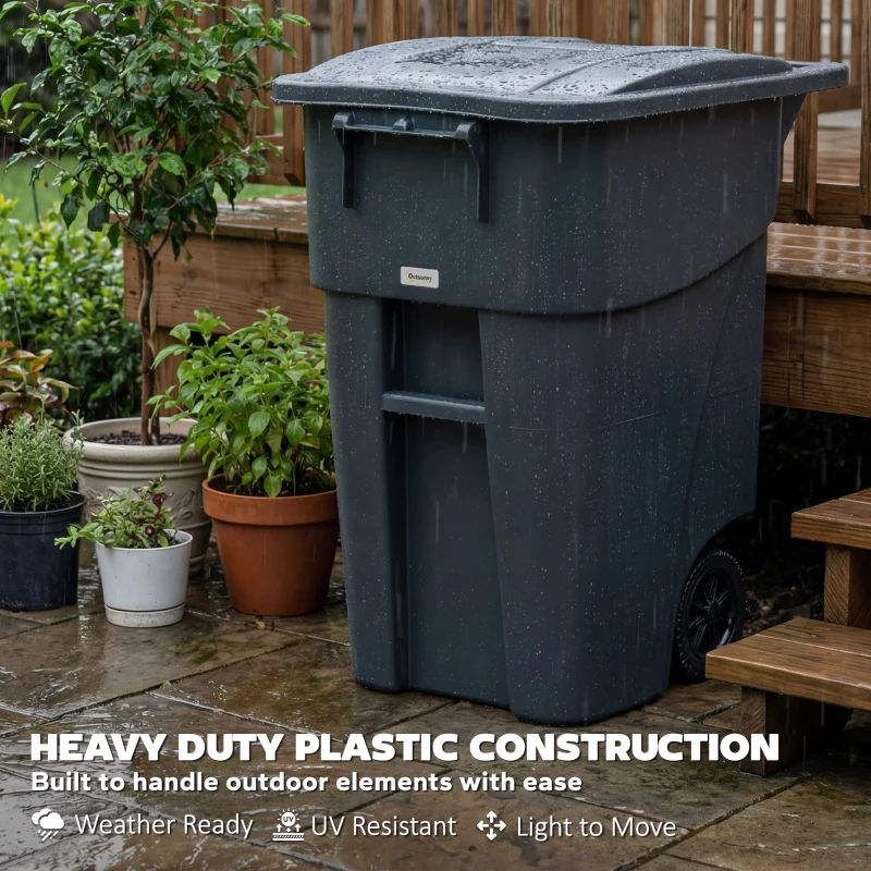 Outsunny Outdoor Garbage Bin with Lid and Wheels, 53 Gallon Large Trash Can Garbage Can with Handle for Patio, Yard, Dark Grey
