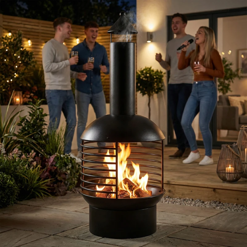 Outsunny Outdoor Fire Pit, Portable Wood Burning Firepit with Poker, Charcoal Grid, Modern Chimney Design Fireplace, Black