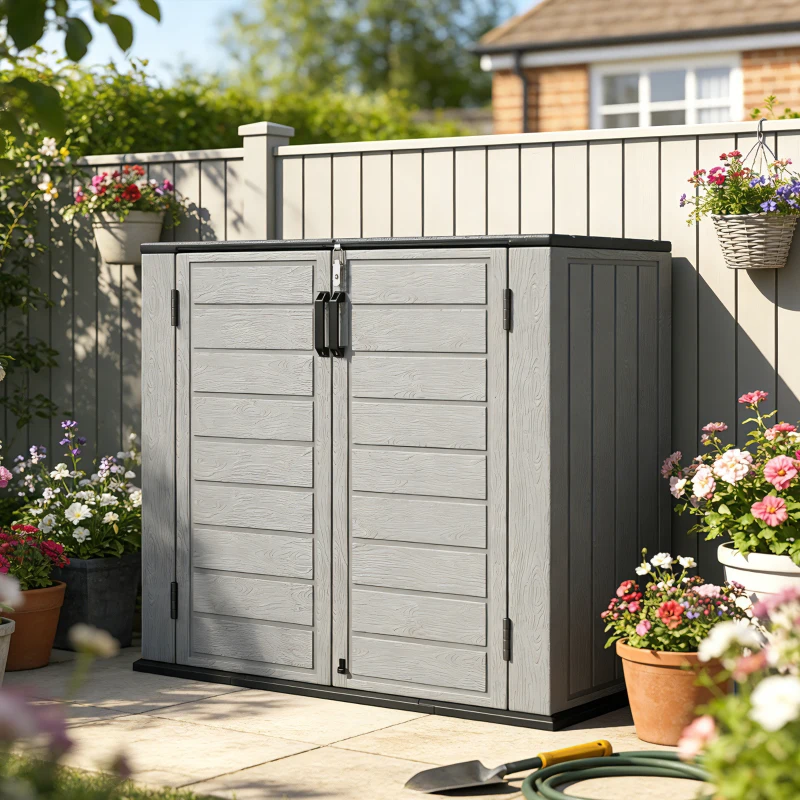 Outsunny 33 Cu.ft Plastic Outdoor Storage Shed, Storage Cabinet Tool Box with Lockable Double Doors and Flip-Top Lid Light Grey