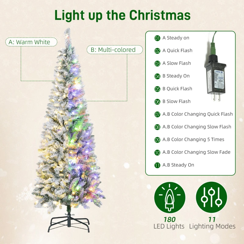 HOMCOM 6ft Flocked Christmas Tree with Dual Colour LED Light, Pencil Hinged Xmas Tree with 11 Light Modes, Easy Assembly