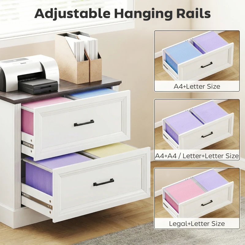 HOMCOM Lateral Filing Cabinet, Farmhouse File Cabinet with 2 Silent Drawers for Letter/A4/Legal Size Files, White