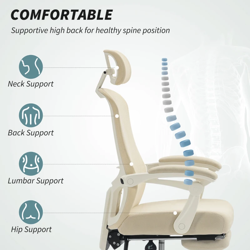 HOMCOM Ergonomic Office Chair, Mesh Reclining Desk Chair with Adjustable Lumbar Support, Headrest, Beige