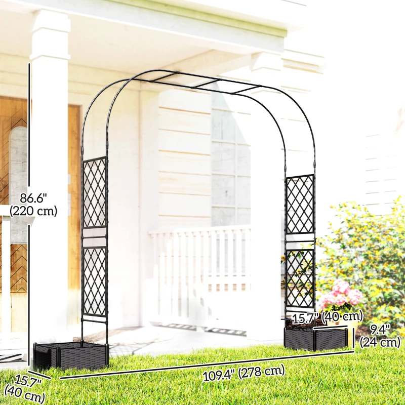 Outsunny Garden Arch Outdoor Trellis Arbor with 2 Planter Boxes, 109.4" x 15.7" x 86.6", Black