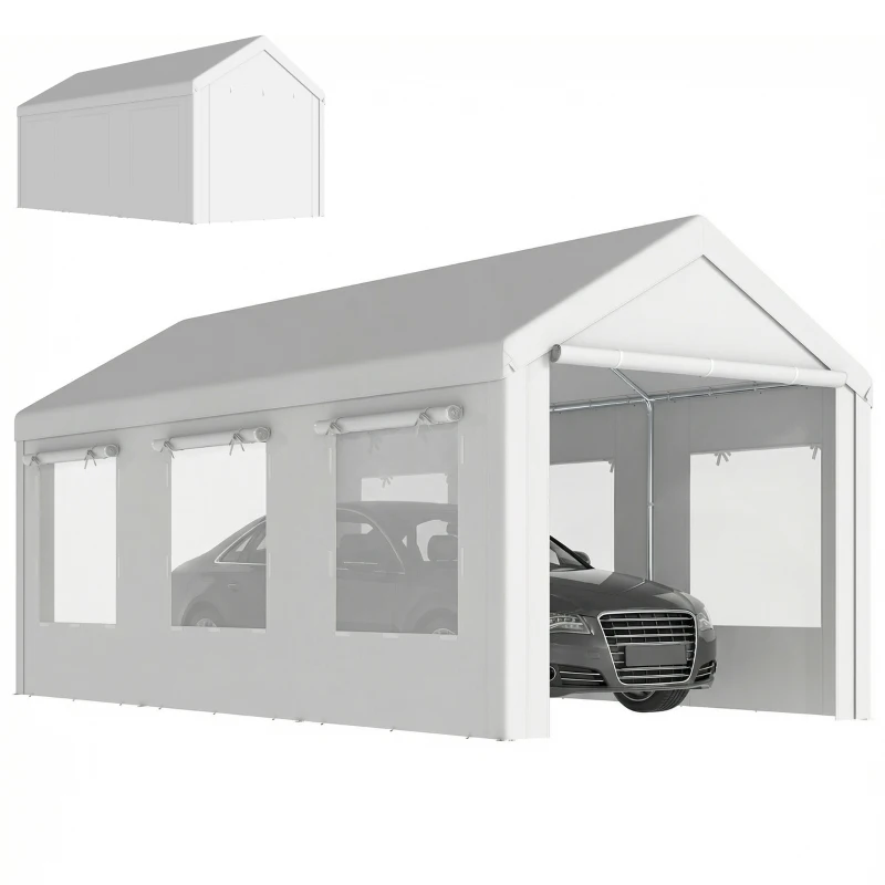 Outsunny 10' x 20' Heavy Duty Carport, Height Adjustable Portable Garage Car Canopy Tent Shelter with Doors, Windows, White