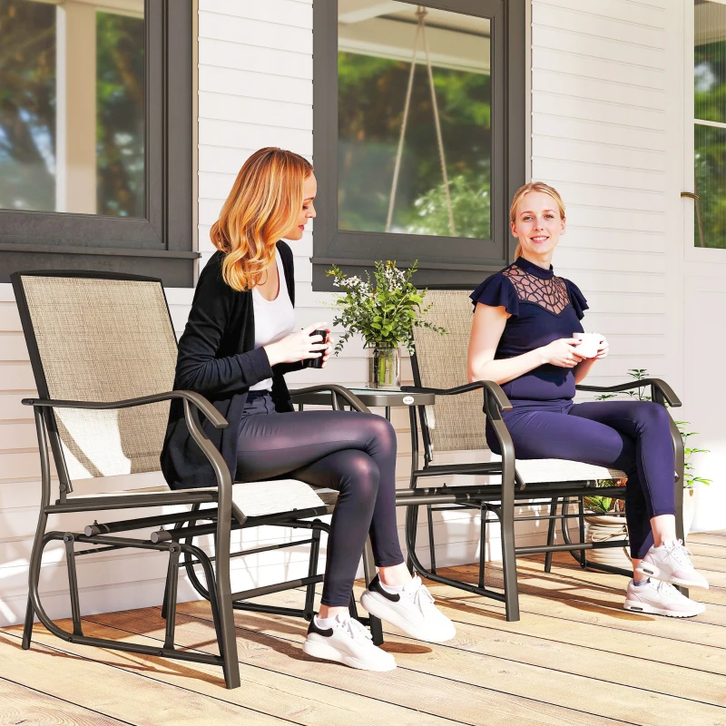 Outsunny Double Patio Glider Chair with Glass Top Center Table, Outdoor Glider Loveseat with High Back,  All Weather Breathable Mesh Fabric for Garden, Backyard, Deck, Light Brown