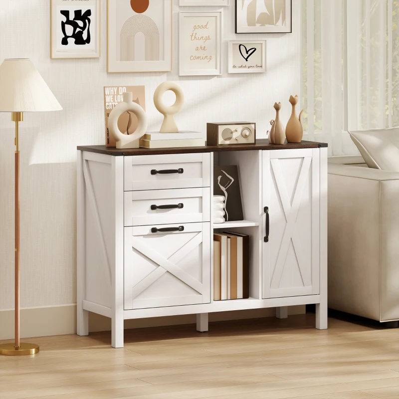 HOMCOM Lateral Filing Cabinet with Drawers, Shelves, Adjustable Hanging Bar for Home Office, Fit A4/Letter Files, White