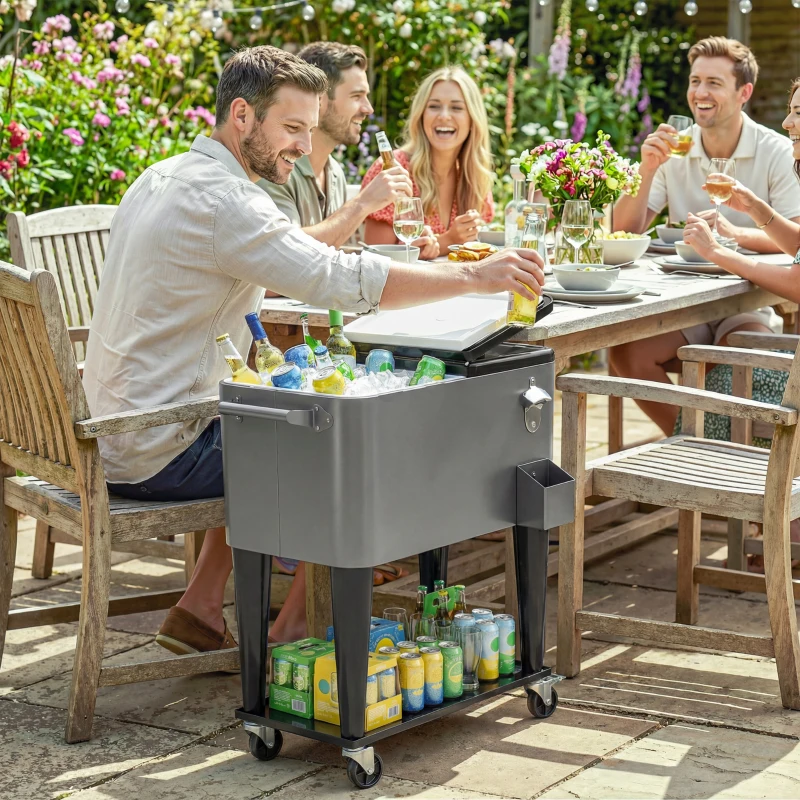 Outsunny 80 Quart Rolling Patio Cooler Cart with Storage Shelf, Patio Cooler with Locking Wheels, Bottle Opener & Cap Catcher