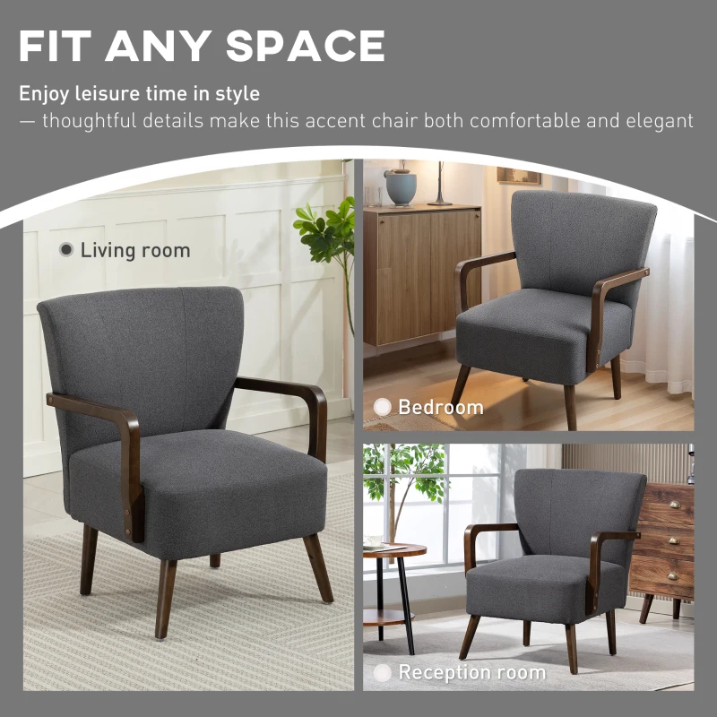 HOMCOM Accent Chair with Wooden Legs, Linen Fabric Armchair with Thick Padding, Comfy Chair for Living Room, Dark Grey