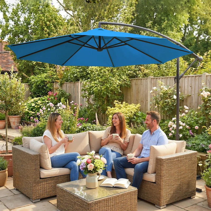 Outsunny 10ft Offset Patio Umbrella with Base, Garden Hanging Parasol with Crank, Banana Cantilever Umbrella Sun Shade, Blue