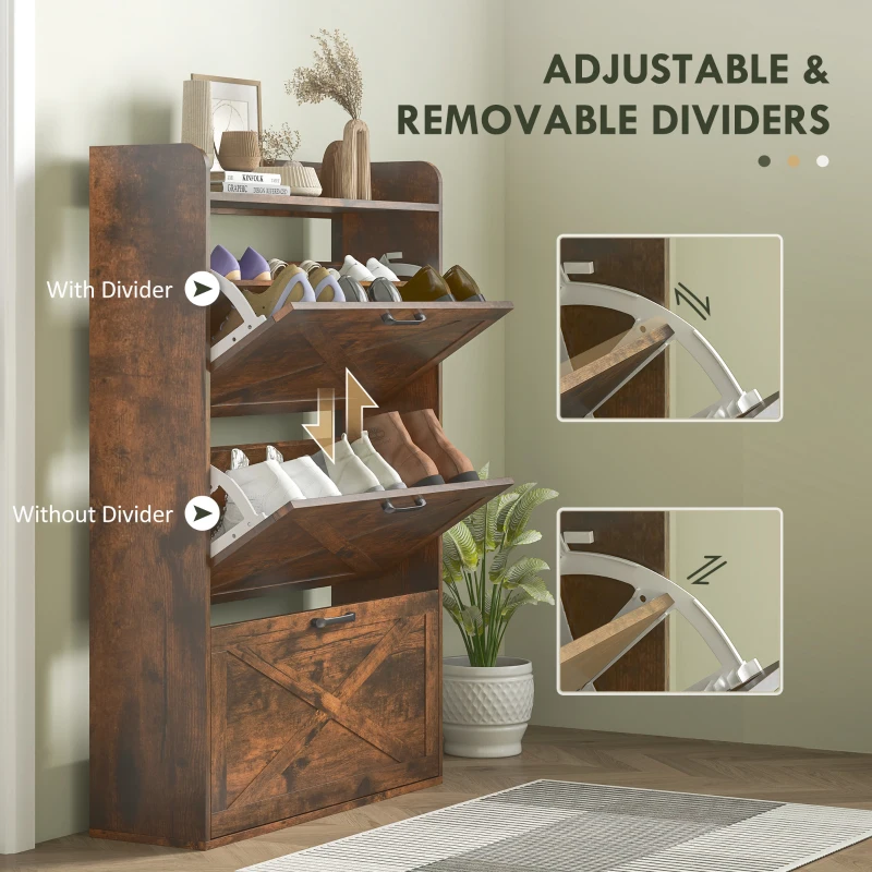 HOMCOM Narrow Shoe Storage Cabinet Farmhouse Shoe Cabinet with 3 Flip Drawers Adjustable Shelves for Entryway Rustic Brown
