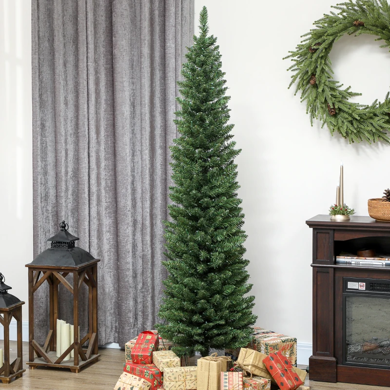 HOMCOM 6ft Christmas Tree with Colourful DIY Synchronized LEDs, Hinged Pencil Xmas Tree with Remote, Daily Timer, Green