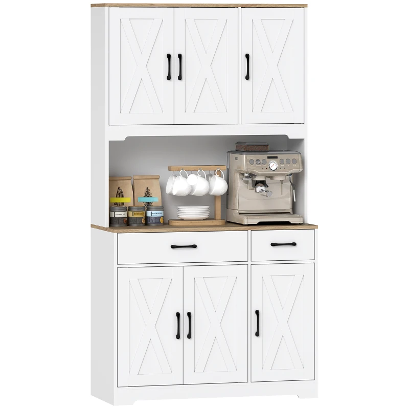 HOMCOM Tall Kitchen Pantry, 6 Doors, 2 Drawers, Adjustable Shelves & Worktop, Rustic Storage Cabinet for Living Room White