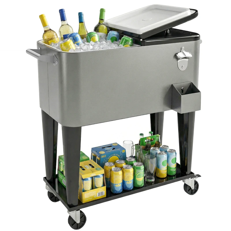 Outsunny 80 Quart Rolling Patio Cooler Cart with Storage Shelf, Patio Cooler with Locking Wheels, Bottle Opener & Cap Catcher