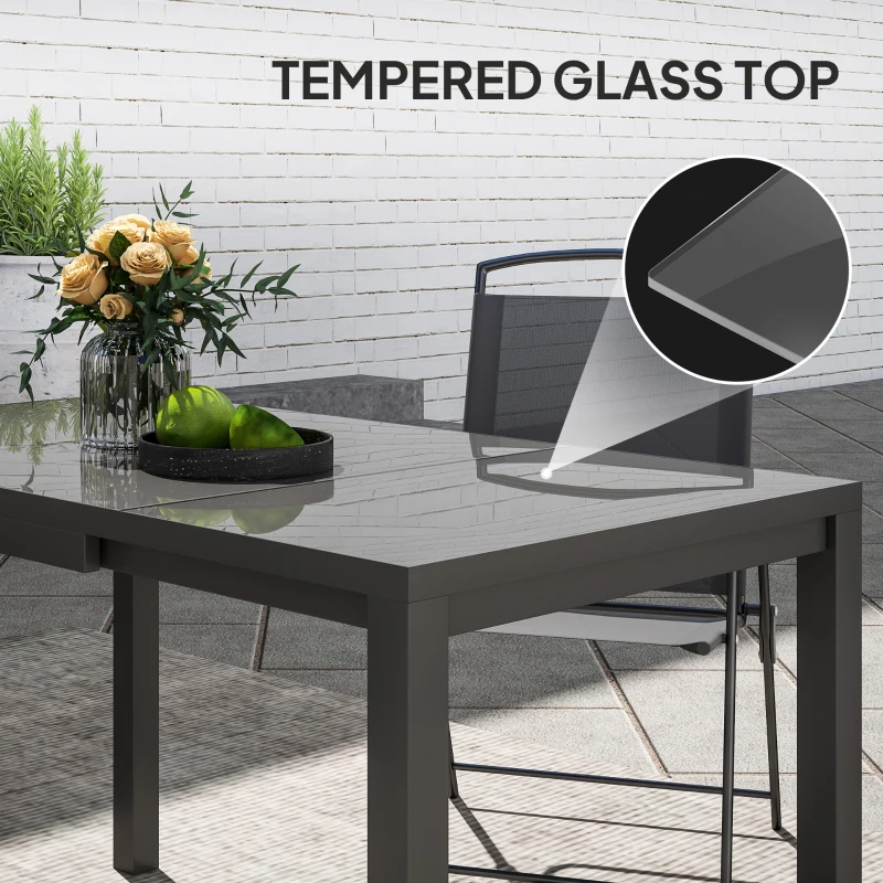 Outsunny Extendable Patio Dining Table, 33.5"-49.2" Adjustable Outdoor Dining Table for 4-6 Person, with Tempered Glass Top, Metal Frame, for Lawn, Garden, Dark Grey
