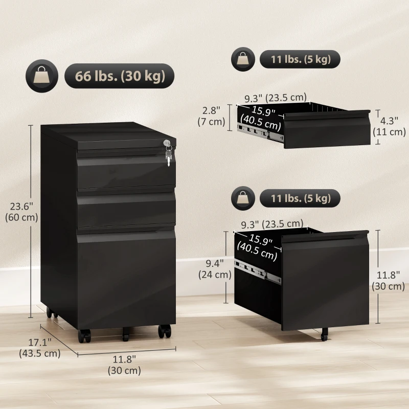 Vinsetto 3 Drawer Filing Cabinet with Lock, Steel Office Storage Cabinet with Hanging Bar for A4, Legal, Letter Files, Black