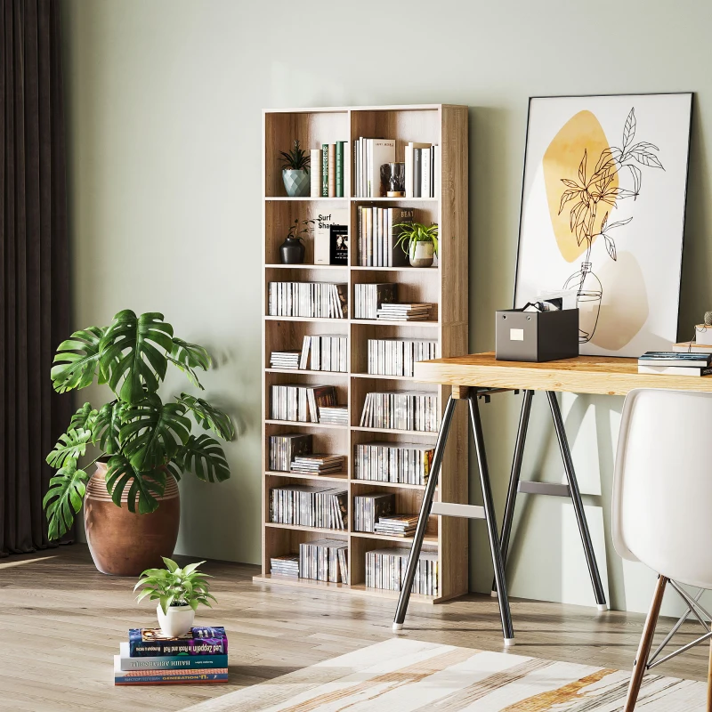 HOMCOM 9-Tier DVD Shelf with 18 Compartments and 14 Adjustable Shelves, Holds 640 CDs, 360 DVDs or 430 Blu-rays, Natural Wood