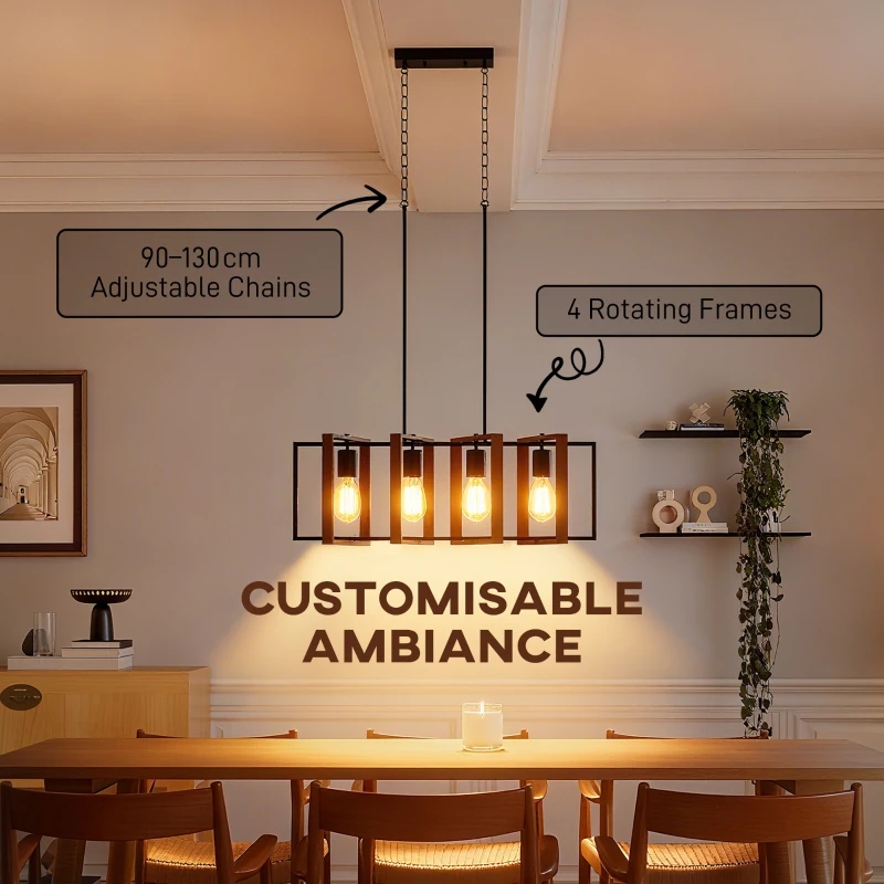 HOMCOM Farmhouse Kitchen Island Lighting, Linear Pendant Light with 4 Rotatable Frames and Adjustable Height, Walnut