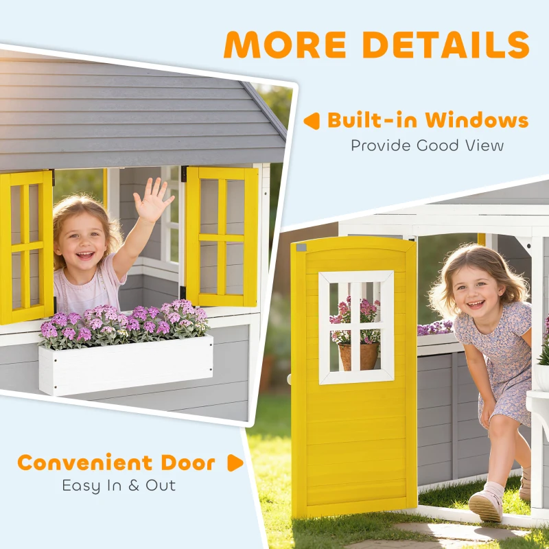 Outsunny Wooden Playhouse for Kids Outdoor with Door, Windows, Planter Pots and Boxes for Toddlers 3-8 Years, Grey