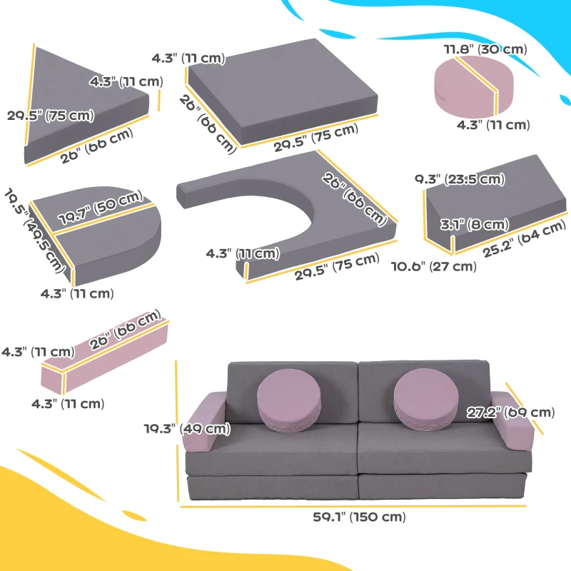 Qaba 12-Piece Modular Kids Play Couch Building Fort for Playroom Bedroom, Convertible Kids Sofa, Grey