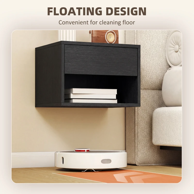 HOMCOM Floating Nightstand Set of 2, Wall Mounted Bedside Table with Drawer for Bedroom Black