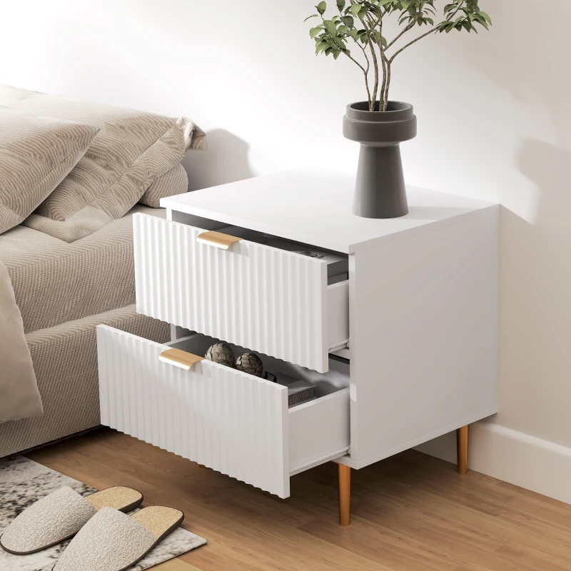 HOMCOM Bedside Table, Modern Nightstand with 2 Drawers, Side End Table with Metal Legs for Living Room, Bedroom, White