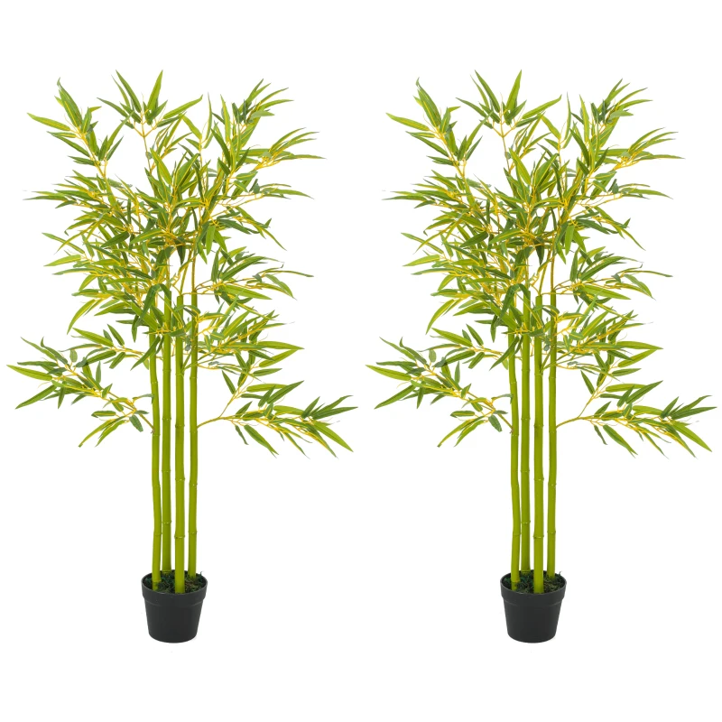 Outsunny 4FT Artificial Bamboo Tree Set of 2, Faux Decorative Plant in Nursery Pot for Indoor Decor