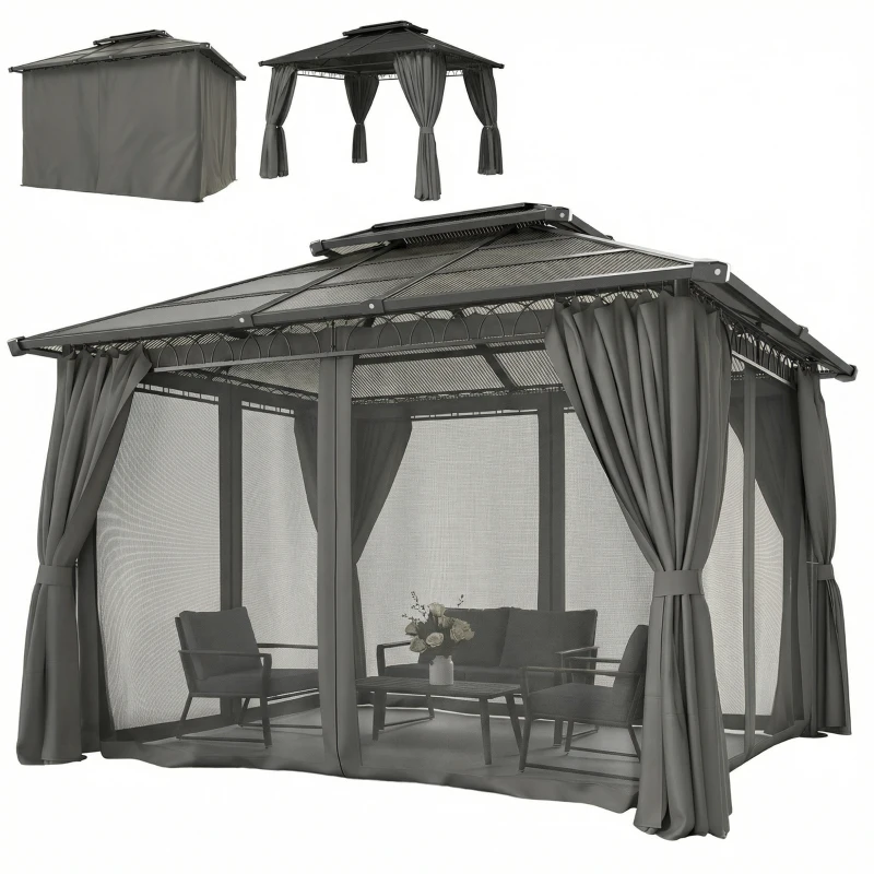 Outsunny 10' x 12' Outdoor Gazebo Canopy, Double Roof Hardtop Gazebo with Polycarbonate Roof, Steel Frame, Nettings and Curtains
